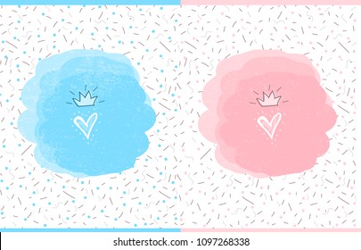 Cute vector watercolor splash. Doodle heart with hand drawn crown. Illustration for kid design ( t-shirt, mug, invite) Pattern for party decoration. Prince and princess gender reveal, pink and blue.