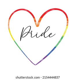 Cute Vector Watercolor Textured Rainbow Outlined Heart With Cursive Calligraphic Text Pride. LGBT Community Symbol. Pride Month 2022 Square Minimalist Elegant Banner Design.