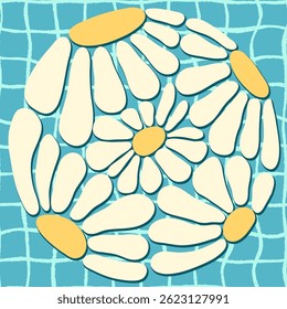 Cute vector wavy daisy flower circle shape on blue wavy checkered background, fun groovy summer poster, banner design