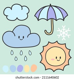 Cute Vektorgrafik zum Thema Wetter auf pastellgrünem Hintergrund. Illustration von Sonne, Regentropfen, Wolke, Schneeflocken und Schirm mit pastellfarbener Farbpalette