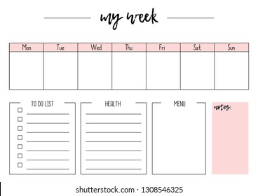 Cute vector weekly planner A4, page for notebook, diary, organiser, book. 