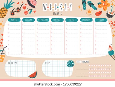 Cute vector weekly planner and to do list with summer objects:cocktail,ice cream,beach hat,tropical leave.Can use for notebook,agenda,diary,organiser,schedule. A4 page printable vector template 