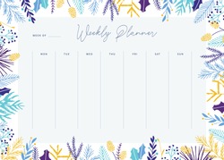 Cute Vector Weekly Planner Template. Elegant Floral Pastel Tone Organizer And Notepad. Week Calendar Schedule.