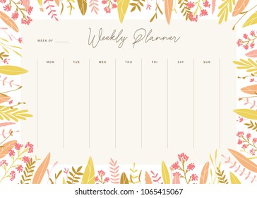 Cute vector weekly planner template. Elegant floral pastel tone organizer and notepad. Week calendar schedule.