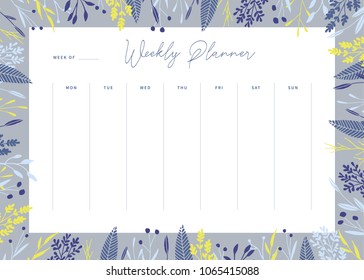 Cute vector weekly planner template. Elegant floral pastel tone organizer and notepad. Week calendar schedule.