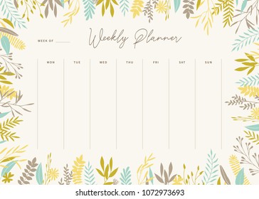 Cute vector weekly planner template. Elegant floral pastel tone organizer and notepad. Week calendar schedule.