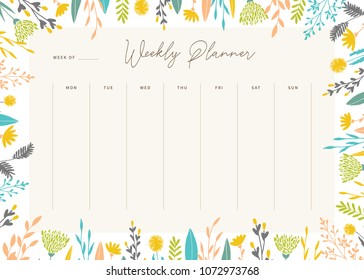 Cute vector weekly planner template. Elegant floral pastel tone organizer and notepad. Week calendar schedule.