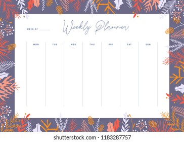 Cute vector weekly planner template. Elegant floral pastel tone organizer and notepad. Week calendar schedule.