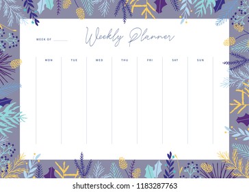 Cute vector weekly planner template. Elegant floral pastel tone organizer and notepad. Week calendar schedule.