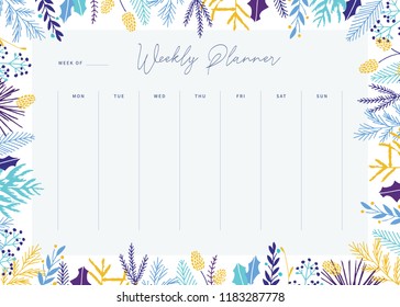 Cute vector weekly planner template. Elegant floral pastel tone organizer and notepad. Week calendar schedule.