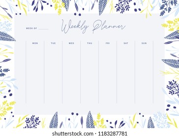 Cute vector weekly planner template. Elegant floral pastel tone organizer and notepad. Week calendar schedule.