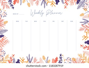 Cute vector weekly planner template. Elegant floral pastel tone organizer and notepad. Week calendar schedule.