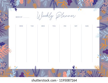 Cute vector weekly planner template. Elegant floral pastel tone organizer and notepad. Week calendar schedule.