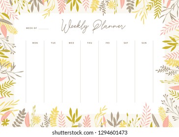 Cute vector weekly planner template. Elegant floral pastel tone organizer and notepad. Week calendar schedule.
