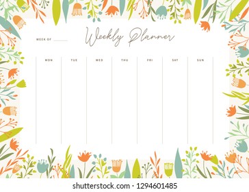 Cute vector weekly planner template. Elegant floral pastel tone organizer and notepad. Week calendar schedule.