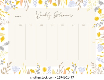 Cute vector weekly planner template. Elegant floral pastel tone organizer and notepad. Week calendar schedule.