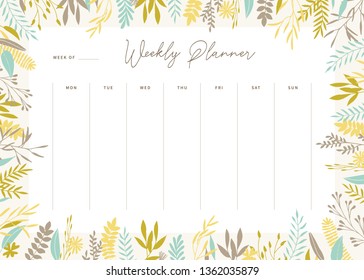 Cute vector weekly planner template. Elegant floral pastel tone organizer and notepad. Week calendar schedule.