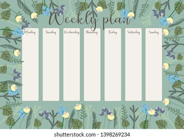 Cute vector weekly planner template. Elegant floral pastel tone organizer and notepad. Week calendar schedule.