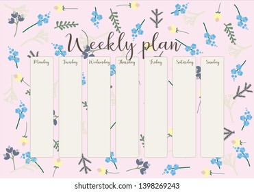 Cute vector weekly planner template. Elegant floral pastel tone organizer and notepad. Week calendar schedule.