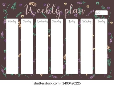 Cute vector weekly planner template. Elegant floral pastel tone organizer and notepad. Week calendar schedule.