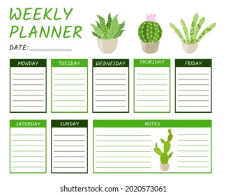 Cute VECTOR Weekly Planner Template with vector cactus. stationery organizer for daily plans, vector weekly planner template, schedules