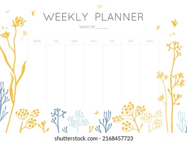 Cute vector weekly planner template. Elegant floral pastel tone organizer or notepad. Week calendar schedule