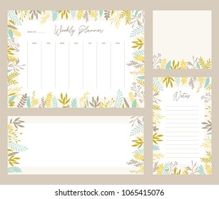 Cute vector weekly planner templates. Elegant floral pastel tone organizers and notepads. Week calendar schedule stationery.