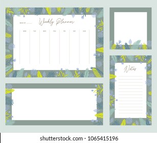 Cute vector weekly planner templates. Elegant floral pastel tone organizers and notepads. Week calendar schedule stationery.
