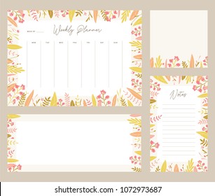 Cute vector weekly planner templates. Elegant floral pastel tone organizers and notepads. Week calendar schedule stationery.