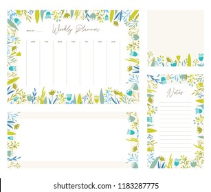 Cute vector weekly planner templates. Elegant floral pastel tone organizers and notepads. Week calendar schedule stationery.