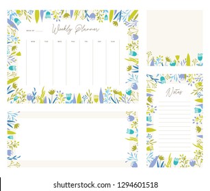 Cute vector weekly planner templates. Elegant floral pastel tone organizers and notepads. Week calendar schedule stationery.