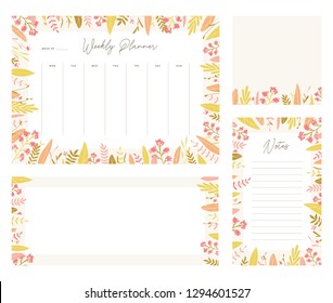Cute vector weekly planner templates. Elegant floral pastel tone organizers and notepads. Week calendar schedule stationery.