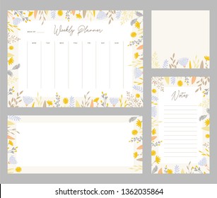 Cute vector weekly planner templates. Elegant floral pastel tone organizers and notepads. Week calendar schedule stationery.