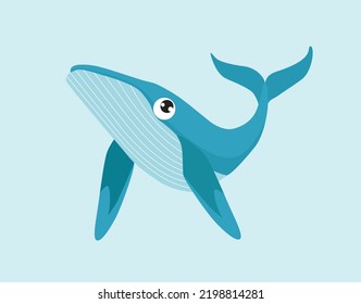 Cute vector whale. Funny cartoon whale. Blue whale. Ocean animal. Cartoon character.