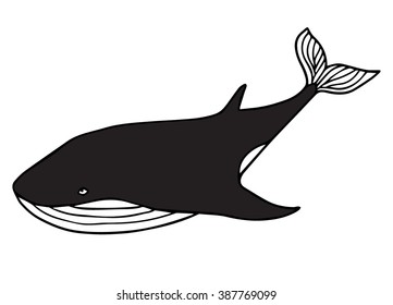 Cute vector whale. Lovely silhouette illustration, black isolated on white.