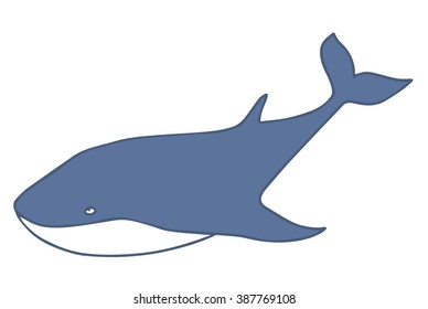Cute vector whale. Lovely silhouette illustration, blue isolated on white.