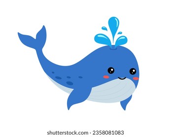 Cute vector whale. Marine mammal with streamlined hairless body. Beautiful cartoon whale with happy face isolated on white background. Marine animal, underwater blue whale. flat Vector illustration