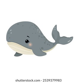 Cute vector whale. Marine mammal with streamlined body. Beautiful flat whale with happy face isolated on white background. Marine animal, underwater blue whale. For web, cards, prints, clothes.