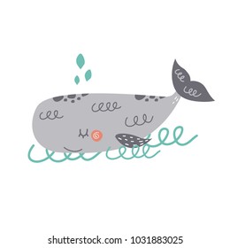 Cute vector whale on white background. Perfect for nursery decor.