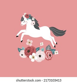 Cute vector white horse and vintage flowers pink background. Perfect for greeting card, logo, poster or nursery print design. 