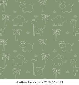 Cute vector white linear drawing seamless pattern with safari animals, elephant, hippo, giraffe and tropical plants on green background. African animals line art. Hand drawn, doodle, contour vector.