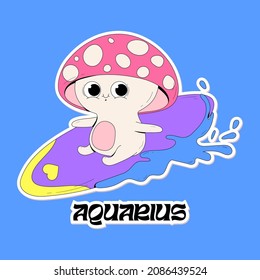 Cute vector white   pink mushroom as an Aquarius zodiac sign surf   waves  Fungi sticker illustration and face as an astrology symbol  Bright colors  childish drawing 