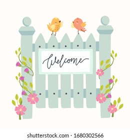 Cute vector wicket with a welcome sign. romantic illustration with birds and flowers