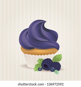 Cute vector wild berries cupcake on delicate striped background. Cupcake collection.