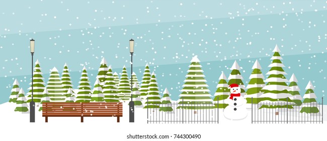 Cute vector winter background. Snowfall, fir trees in different shapes and forms, lanterns, bench, snowman. Winter park under snowfall.