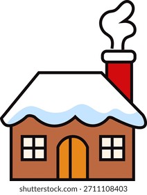 Cute vector winter cabin with snow roof and chimney smoke. Perfect for Christmas, winter holidays, and cozy house themes.