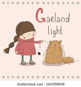 Cute vector Winter cozy Alphabet Christmas Letter G - Garland light 