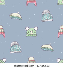 Cute vector winter hats seamless pattern in cartoon cute style