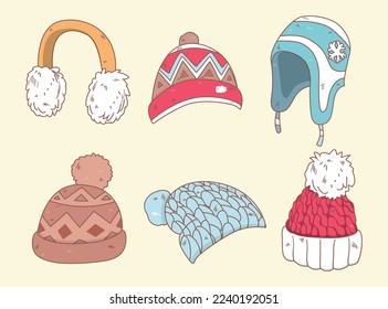 Cute vector winter hats set. Design elements for a winter greeting card for New year or Christmas. Vector Illustration.