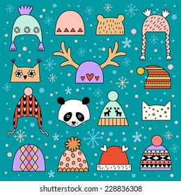 Cute vector winter hats set. Vector illustration.